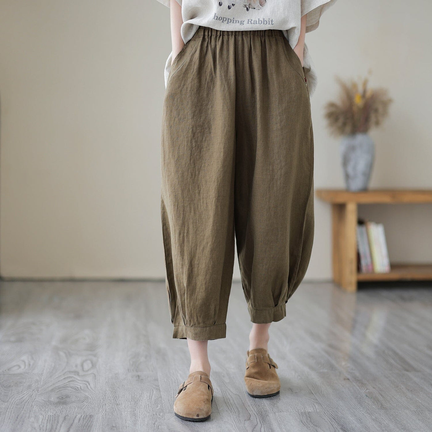 Spring Solid Loose Casual Linen Harem Pants Mar 2023 New Arrival One Size Coffee 