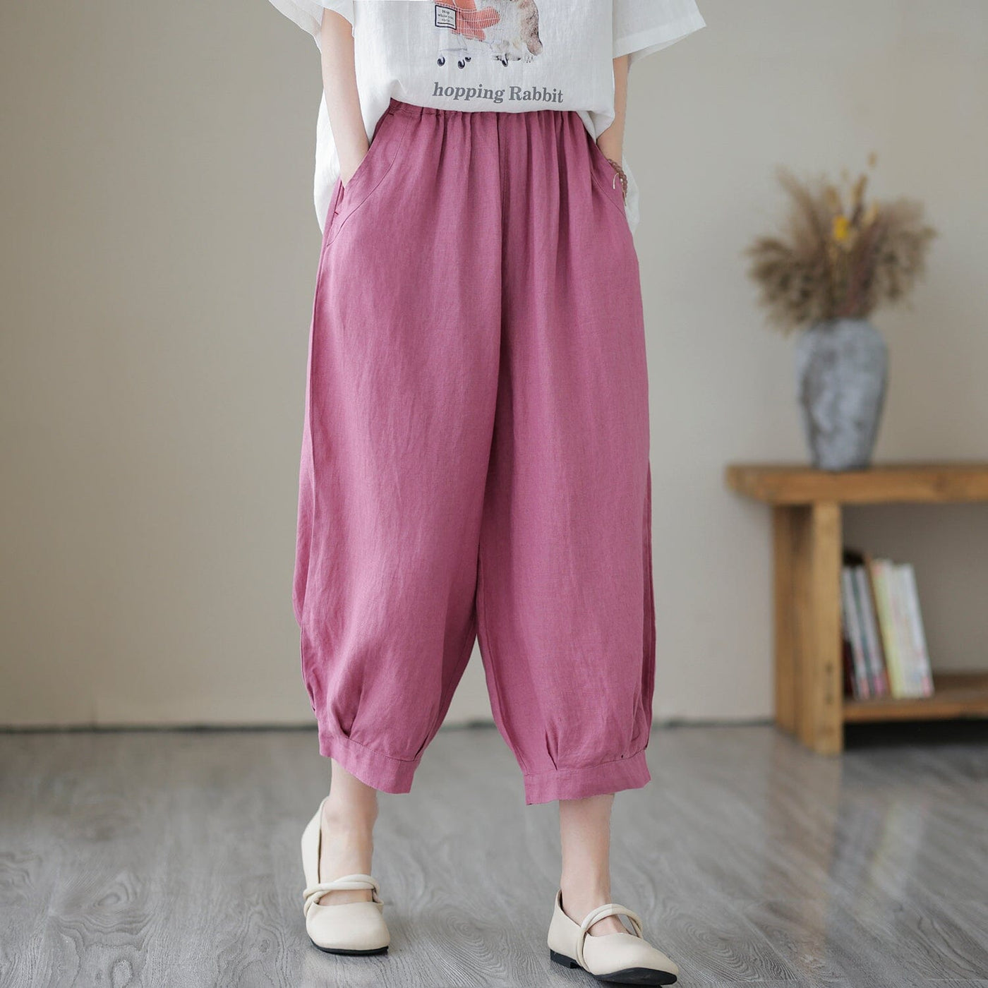 Spring Solid Loose Casual Linen Harem Pants Mar 2023 New Arrival One Size Rose Red 