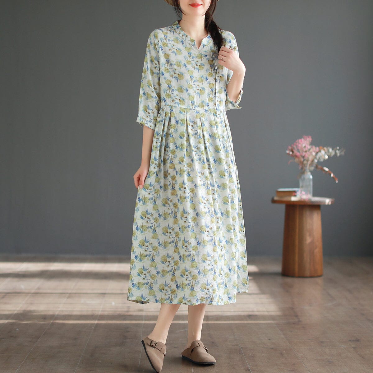 Spring Summer Casual Floral Midi Dress Apr 2023 New Arrival One Size Green 