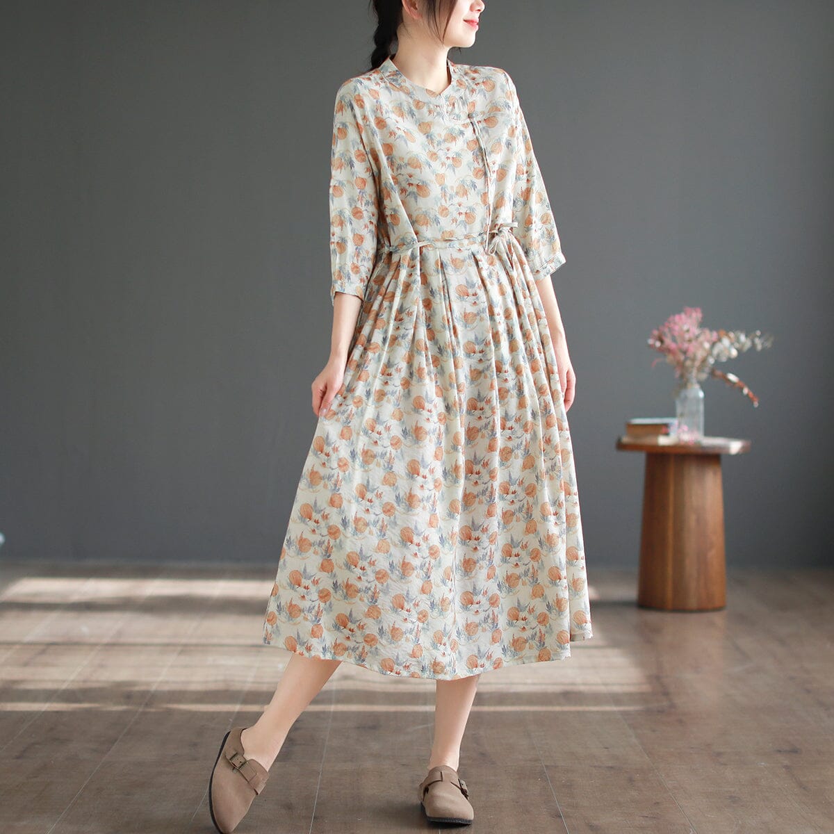 Spring Summer Casual Floral Midi Dress Apr 2023 New Arrival One Size Orange 