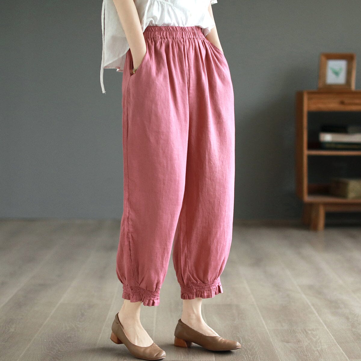 Spring Summer Casual Loose Linen Trim Pants May 2023 New Arrival One Size Pink 
