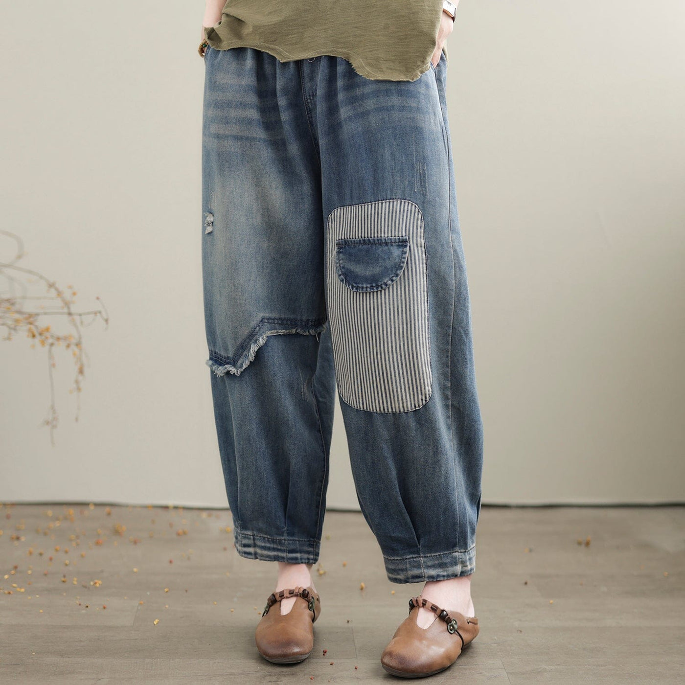 Spring Summer Casual Patchwork Loose Cotton Jeans May 2023 New Arrival L Blue 