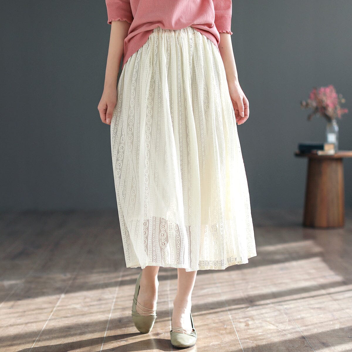 Spring Summer Cotton Lace Patchwork Casual Skirt