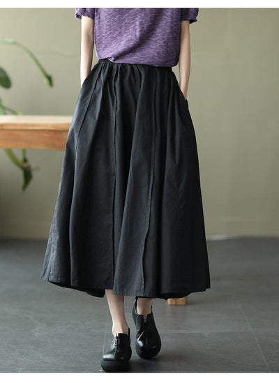 Spring Summer Cotton Solid Loose A-Line Skirt Apr 2023 New Arrival Black One Size 