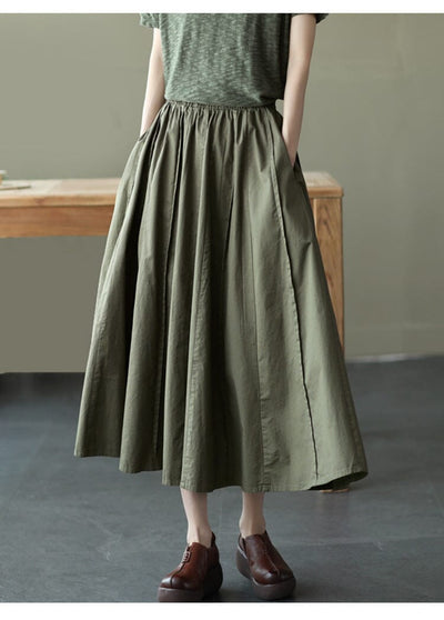 Spring Summer Cotton Solid Loose A-Line Skirt Apr 2023 New Arrival Dark Green One Size 