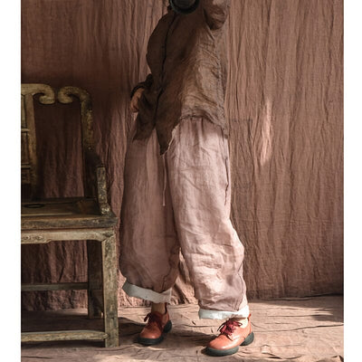 Spring Summer Double Layers Pleated Linen Pants Apr 2023 New Arrival 