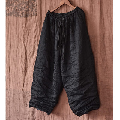 Spring Summer Double Layers Pleated Linen Pants Apr 2023 New Arrival Black One Size 