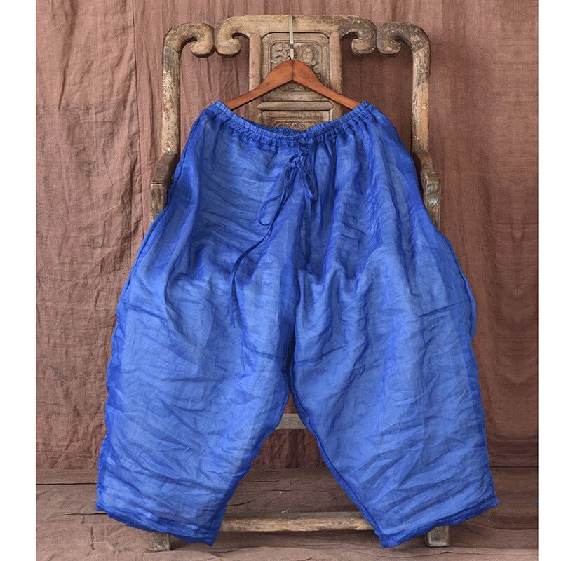 Spring Summer Double Layers Pleated Linen Pants Apr 2023 New Arrival Blue One Size 