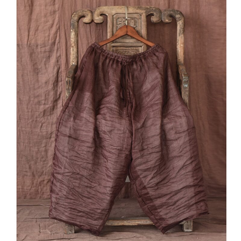 Spring Summer Double Layers Pleated Linen Pants Apr 2023 New Arrival Coffee One Size 