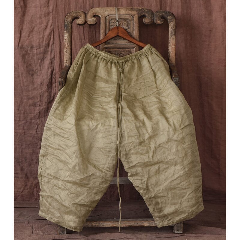 Spring Summer Double Layers Pleated Linen Pants Apr 2023 New Arrival Green One Size 