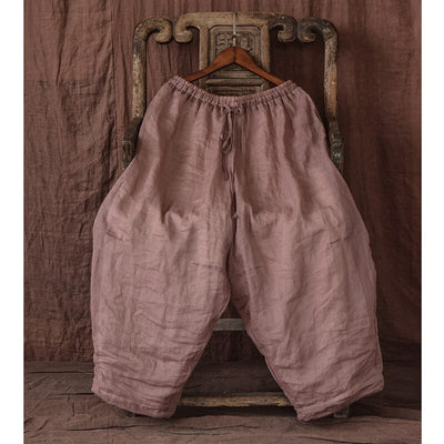 Spring Summer Double Layers Pleated Linen Pants Apr 2023 New Arrival Pink One Size 