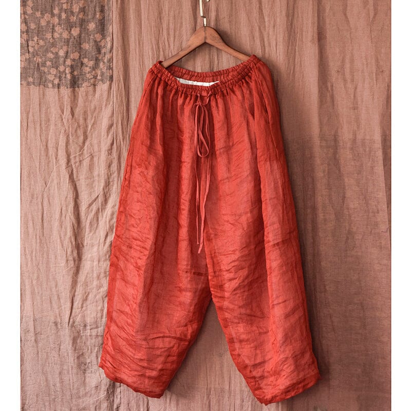Spring Summer Double Layers Pleated Linen Pants Apr 2023 New Arrival Red One Size 