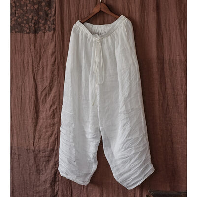 Spring Summer Double Layers Pleated Linen Pants Apr 2023 New Arrival White One Size 