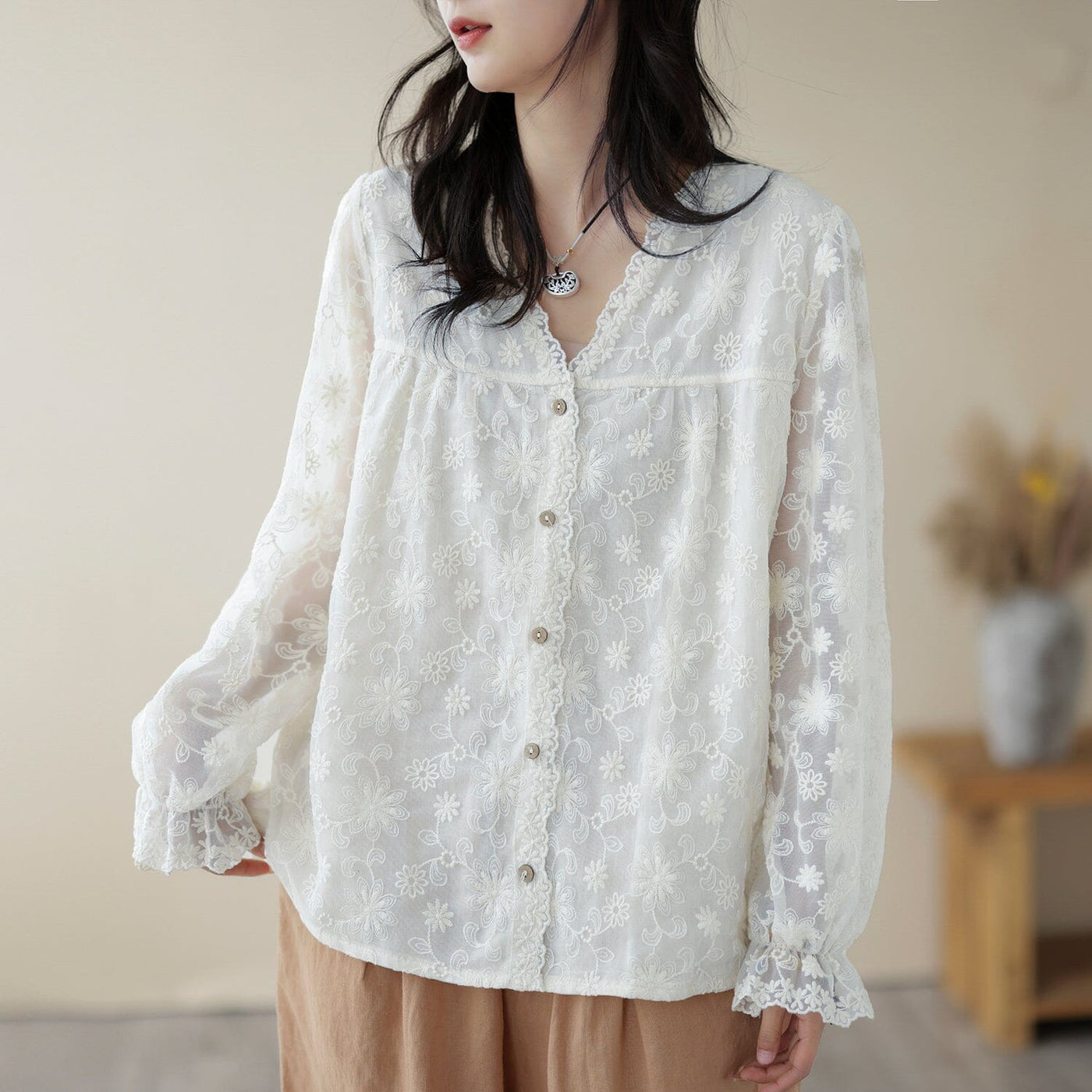 Spring Summer Embroidery Retro Casual Blouse