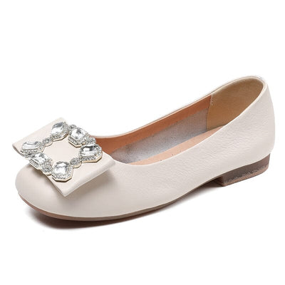 Spring Summer Leather Crystal Flat Soft Casual Shoes Apr 2023 New Arrival Beige 35 