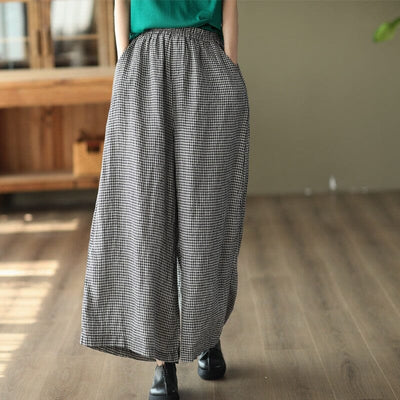 Spring Summer Linen Plaid Wide Leg Pants May 2023 New Arrival 