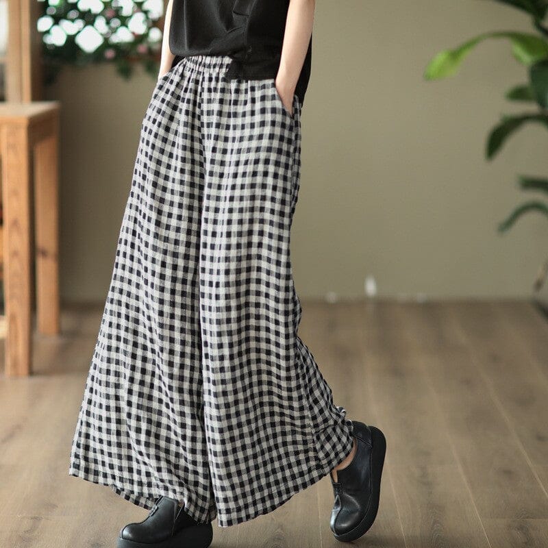 Spring Summer Linen Plaid Wide Leg Pants May 2023 New Arrival large Plaid One Size 