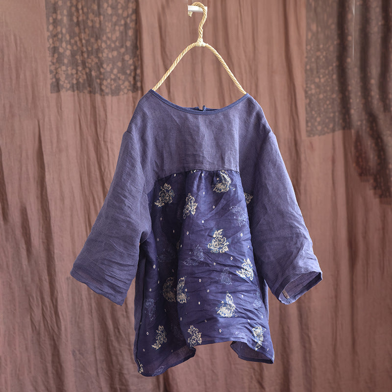 Spring Summer Linen Retro Loose Floral T-Shirt Apr 2022 New Arrival Blue One Size 