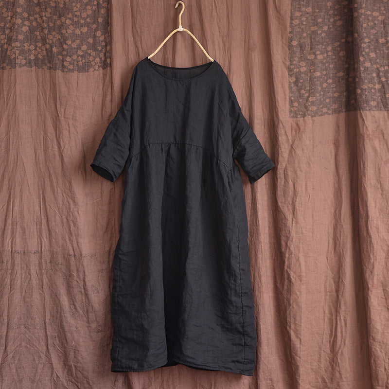 Spring Summer Loose Vintage Cotton Linen Solid Dress Apr 2022 New Arrival Black One Size 