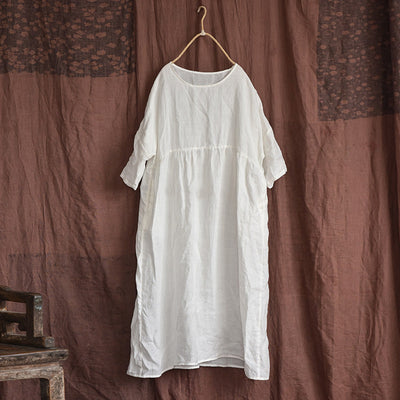 Spring Summer Loose Vintage Cotton Linen Solid Dress Apr 2022 New Arrival White One Size 