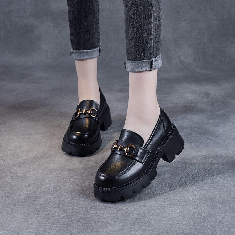 Spring Summer Minimalist Leather Chunky Heel Loafers