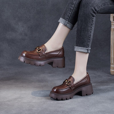 Spring Summer Minimalist Leather Chunky Heel Loafers