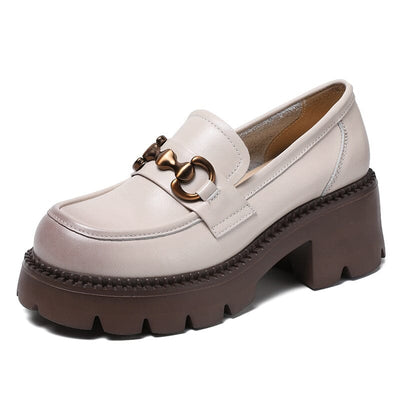 Spring Summer Minimalist Leather Chunky Heel Loafers