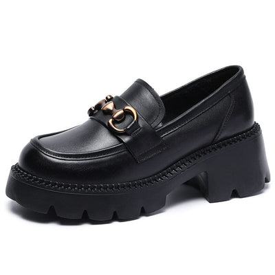 Spring Summer Minimalist Leather Chunky Heel Loafers