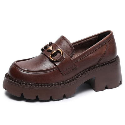 Spring Summer Minimalist Leather Chunky Heel Loafers Jun 2023 New Arrival Brown 34 