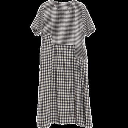 Spring Summer New Loose Women's Cotton Plaid Short Sleeve Dress