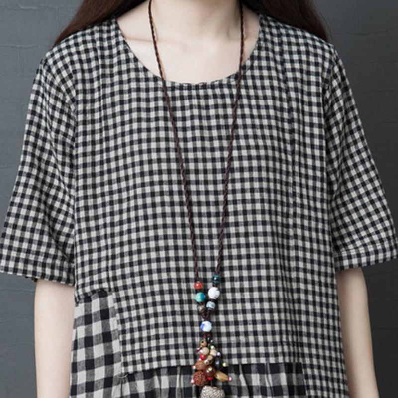 Spring Summer New Loose Women's Cotton Plaid Short Sleeve Dress 2019 May New 