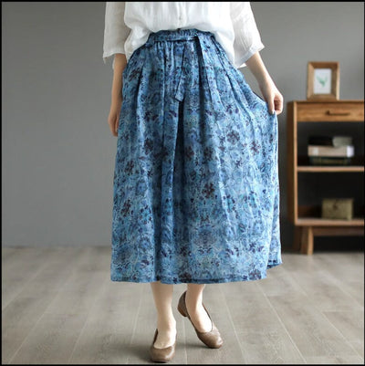Spring Summer Retro Casual Floral Skirt Mar 2023 New Arrival Blue One Size 