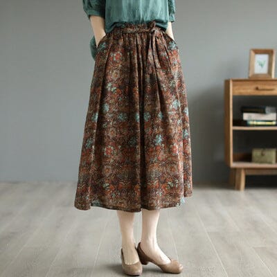 Spring Summer Retro Casual Floral Skirt Mar 2023 New Arrival Coffee One Size 