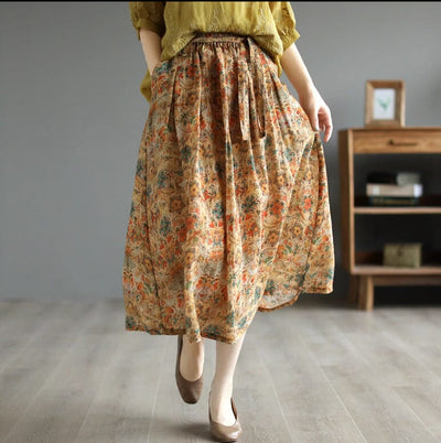 Spring Summer Retro Casual Floral Skirt Mar 2023 New Arrival Khaki One Size 