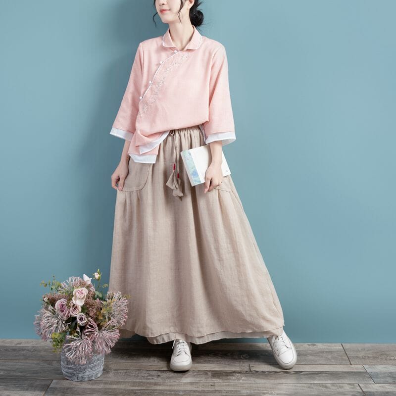 Spring Summer Retro Cotton Linen Solid A-line Skirt Mar 2023 New Arrival 