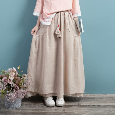 Spring Summer Retro Cotton Linen Solid A-line Skirt Mar 2023 New Arrival One Size Beige 
