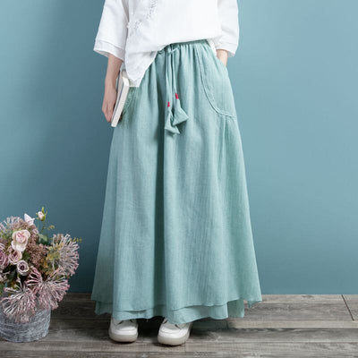 Spring Summer Retro Cotton Linen Solid A-line Skirt Mar 2023 New Arrival One Size Cyan 