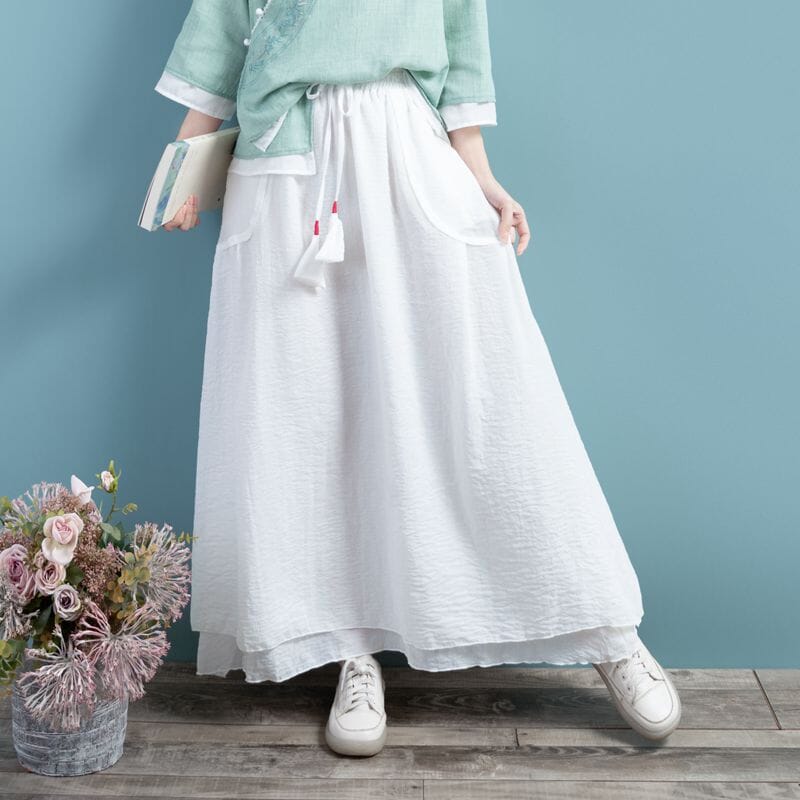 Spring Summer Retro Cotton Linen Solid A-line Skirt Mar 2023 New Arrival One Size White 