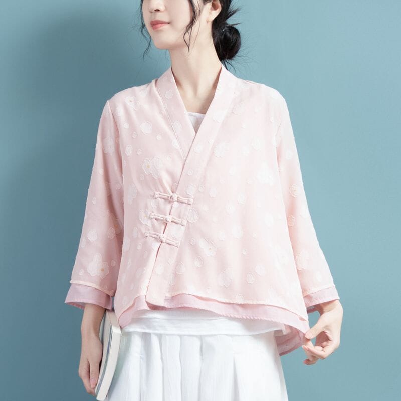 Spring Summer Retro Double Layers Cotton Linen Jacket Mar 2023 New Arrival One Size Pink 