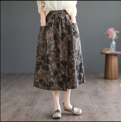 Spring Summer Retro Floral Cotton A-Line Skirt Mar 2023 New Arrival Brown L 