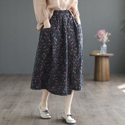 Spring Summer Retro Floral Cotton A-Line Skirt Mar 2023 New Arrival Navy L 