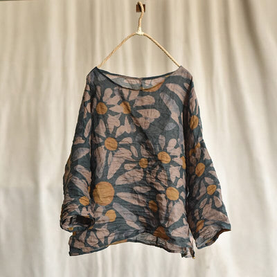 Spring Summer Retro Floral Thin Linen Loose Blouse Jun 2023 New Arrival Navy One Size 