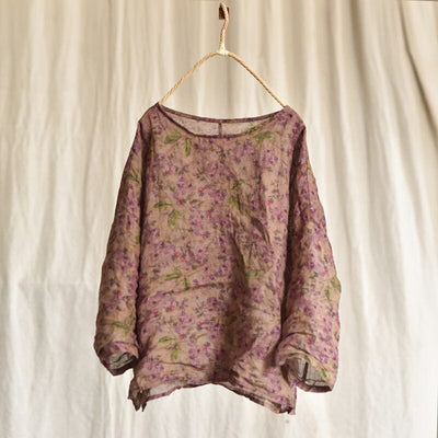 Spring Summer Retro Floral Thin Linen Loose Blouse Jun 2023 New Arrival Purple One Size 
