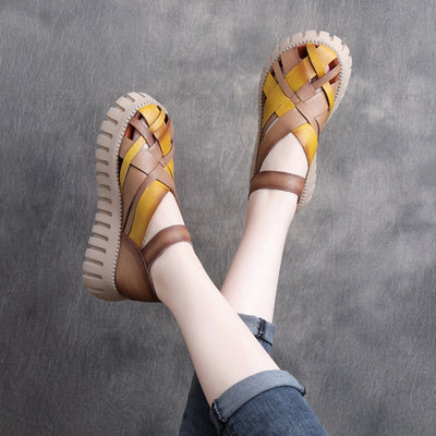 Spring Summer Retro Hollow Strappy Leather Sandals May 2022 New Arrival 35 Yellow 