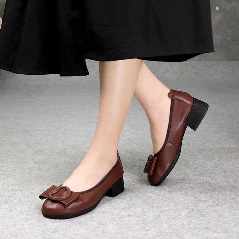Spring Summer Retro Leather Chunky Heel Loafers