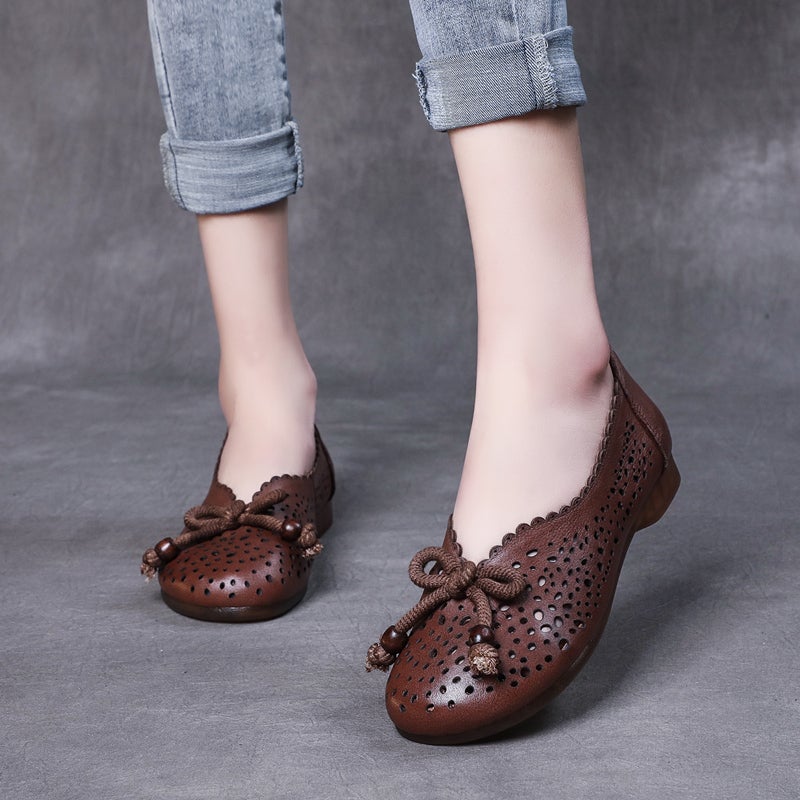 Spring Summer Retro Leather Hollow Bow Casual Shoes Dec 2021 New Arrival 