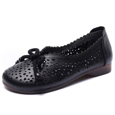 Spring Summer Retro Leather Hollow Bow Casual Shoes Dec 2021 New Arrival 35 Black 