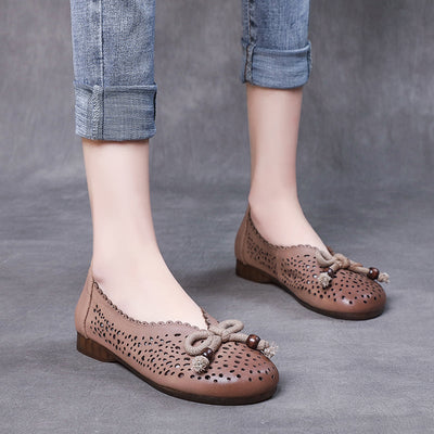 Spring Summer Retro Leather Hollow Bow Casual Shoes