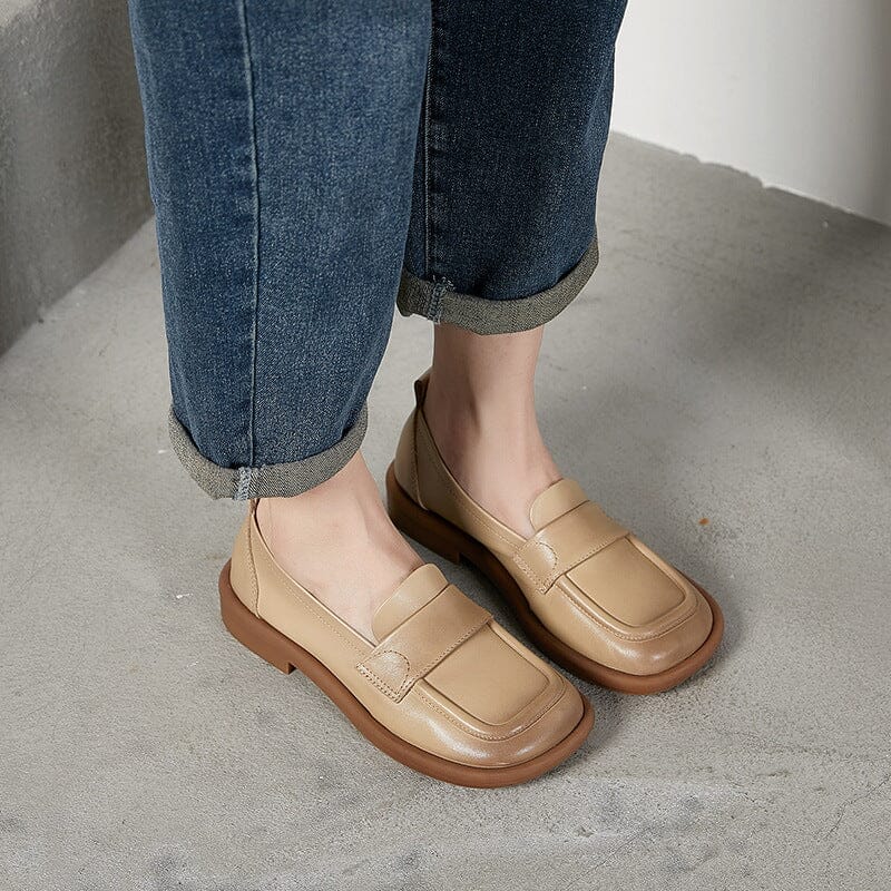 Spring Summer Retro Leather Low Wedge Loafers