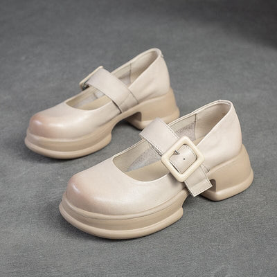 Spring Summer Retro Leather Lug Sole Casual Shoes Apr 2023 New Arrival Beige 35 